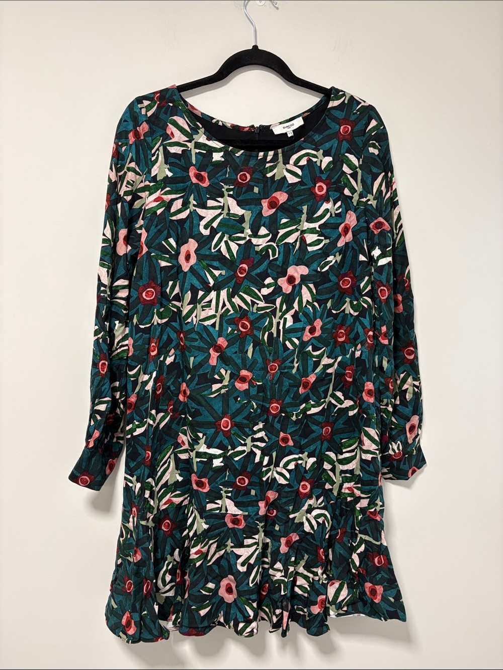 SUNCOO Teal Floral Long-Sleeve Swing Dress - Pink & Green Print
